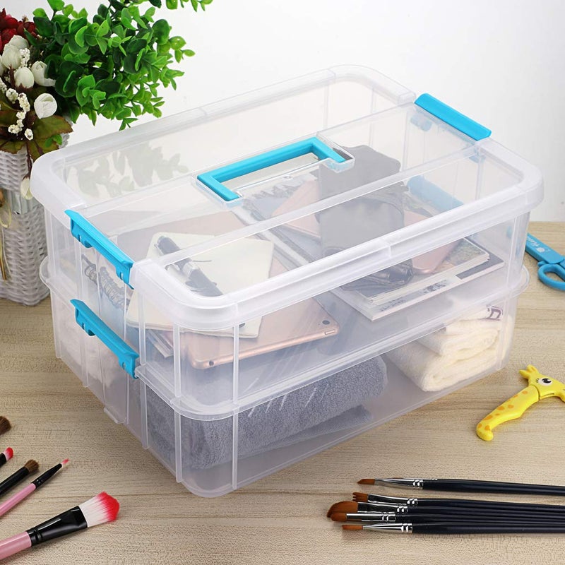BTSKY 2 Layer Stack & Carry Box, Plastic Multipurpose Portable Storage Container Box Handled Organizer Storage Box for Organizing Stationery, Sewing, Art Craft, Jewelry and Beauty Supplies Blue - Image 5